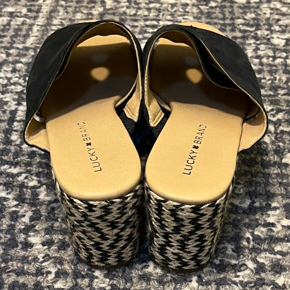 Lucky Brand Women's Sz 10 Genzy Black Leather Slip-On Espadrille Wedge Sandal - Picture 4 of 6